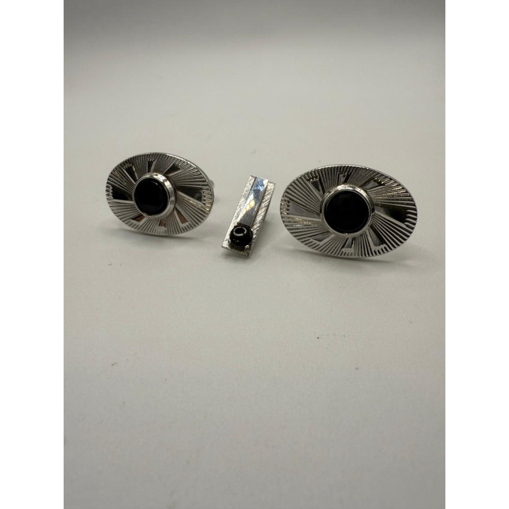 Men's Unbranded Silver & Black One Size Cuff Links & Tie Clip Set